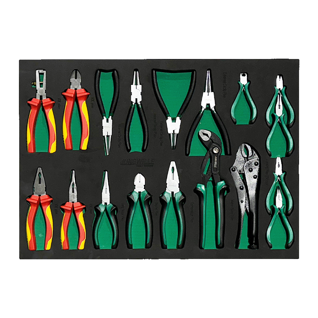 Jungwille Nurburgring tool cabinet tray insert filled with circlip pliers, wire cutters, long-nose pliers, and locking grips.