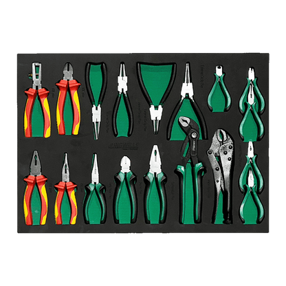 Jungwille Nurburgring tool cabinet tray insert filled with circlip pliers, wire cutters, long-nose pliers, and locking grips.