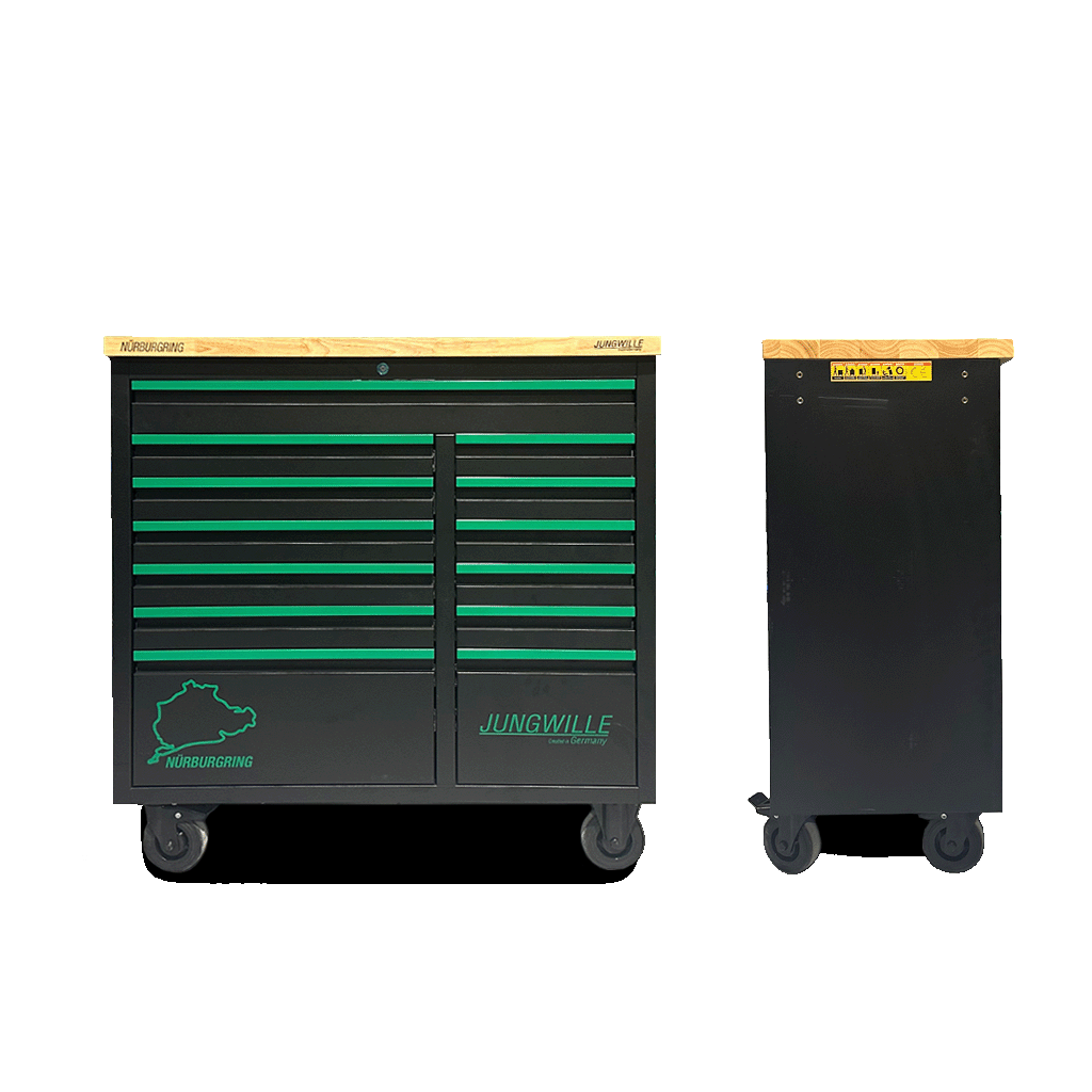 Jungwille Nurburgring tool cabinet shown from the front and its slim side profile view on a white background.