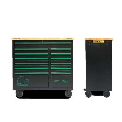 Jungwille Nurburgring tool cabinet shown from the front and its slim side profile view on a white background.