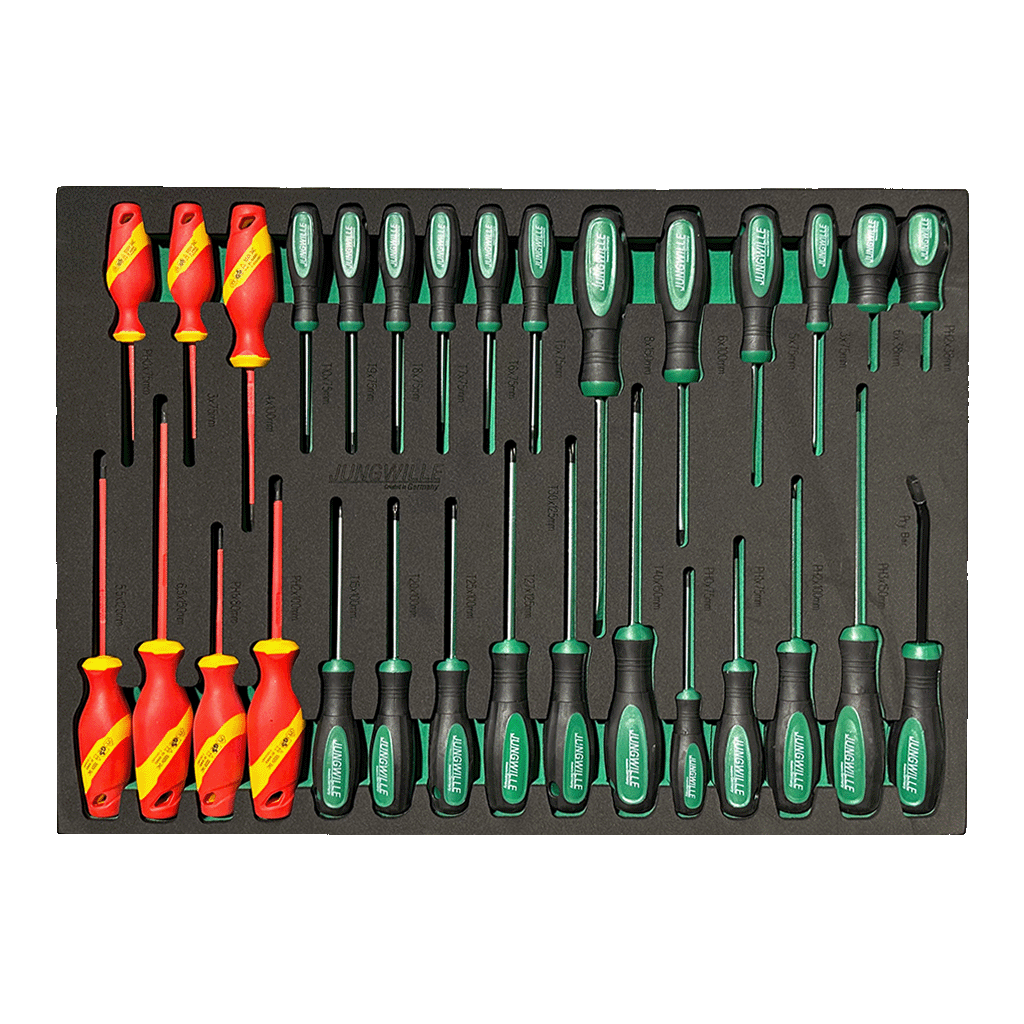 Jungwille Nurburgring tool cabinet tray insert fully packed with flat, Phillips, and red insulated VDE screwdrivers.