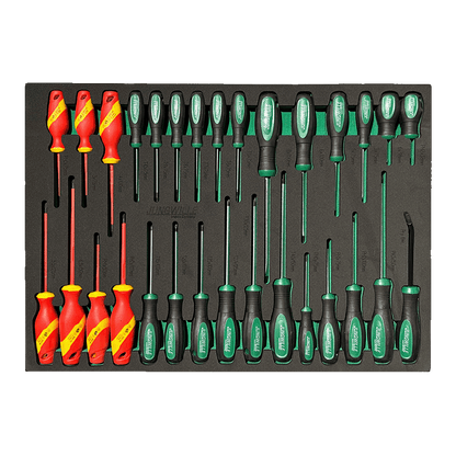 Jungwille Nurburgring tool cabinet tray insert fully packed with flat, Phillips, and red insulated VDE screwdrivers.