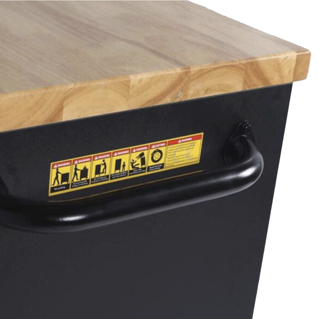 Jungwille Nurburgring tool cabinet close-up showing the tubular black steel side handle bolted beneath the wood worktop.
