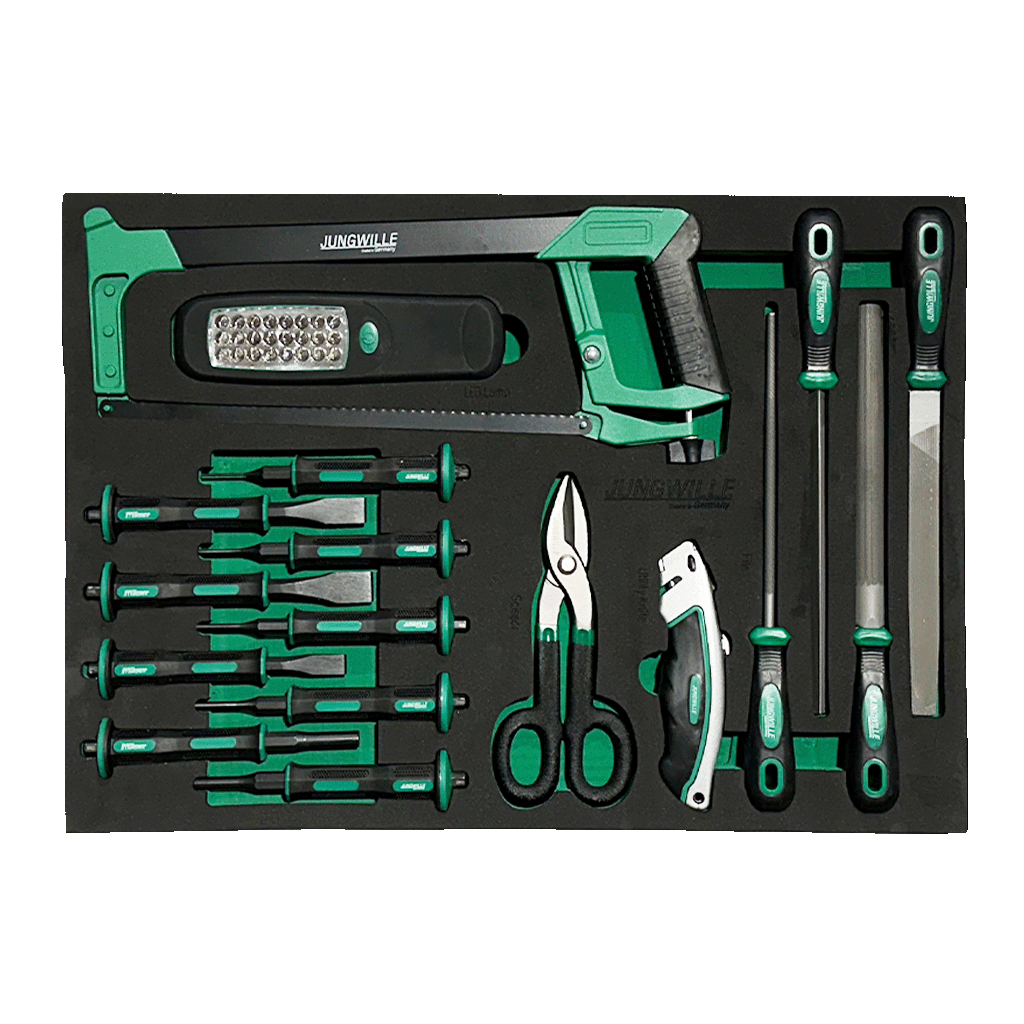 Jungwille Nurburgring tool cabinet tray insert holding a hacksaw, LED work light, files, punches, and utility shears.