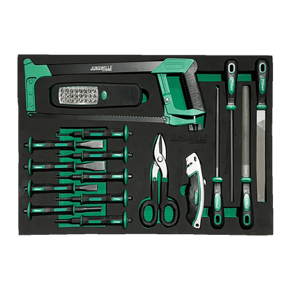 Jungwille Nurburgring tool cabinet tray insert holding a hacksaw, LED work light, files, punches, and utility shears.