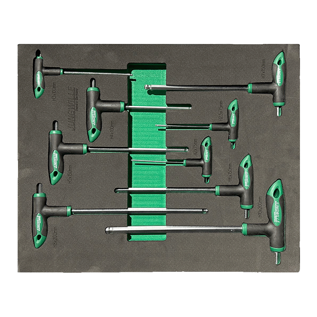 Jungwille Nurburgring tool cabinet tray insert filled with a set of metric T-handle HEX imbus keys with green grips.