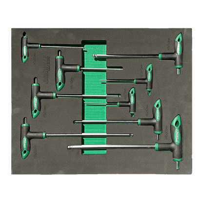 Jungwille Nurburgring tool cabinet tray insert filled with a set of metric T-handle HEX imbus keys with green grips.
