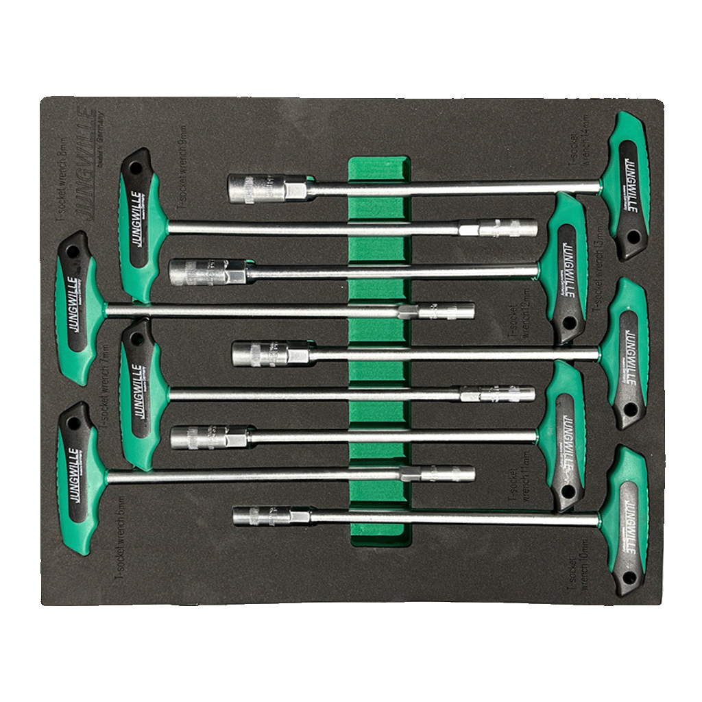 Jungwille Nurburgring tool cabinet tray insert with nine ergonomic metric T-handle socket keys arranged in foam.