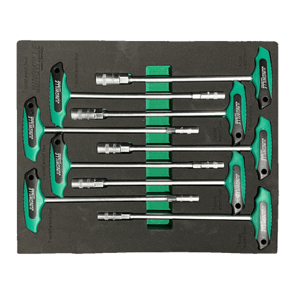 Jungwille Nurburgring tool cabinet tray insert with nine ergonomic metric T-handle socket keys arranged in foam.