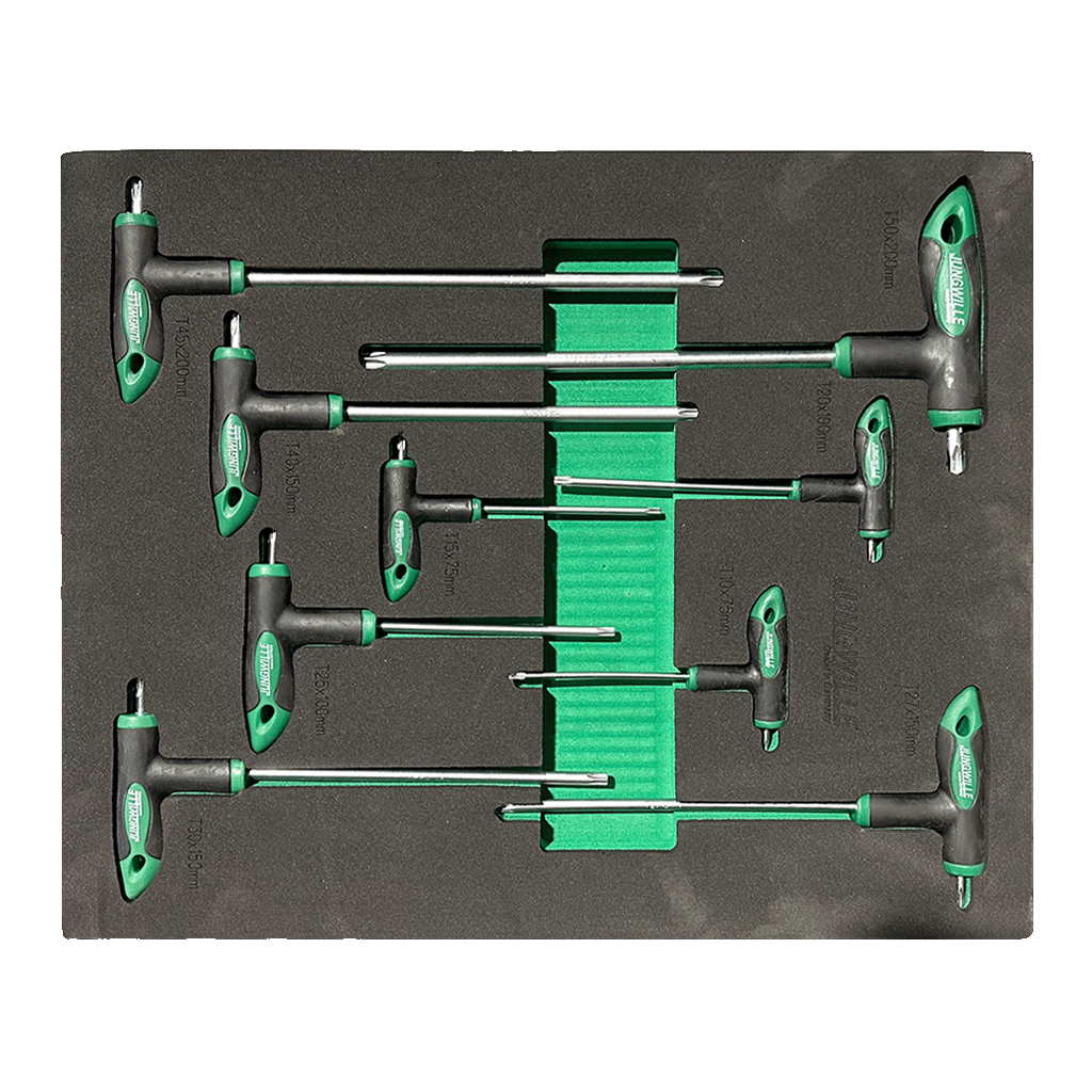 Jungwille Nurburgring tool cabinet tray insert containing a collection of star profile T-handle Torx keys.