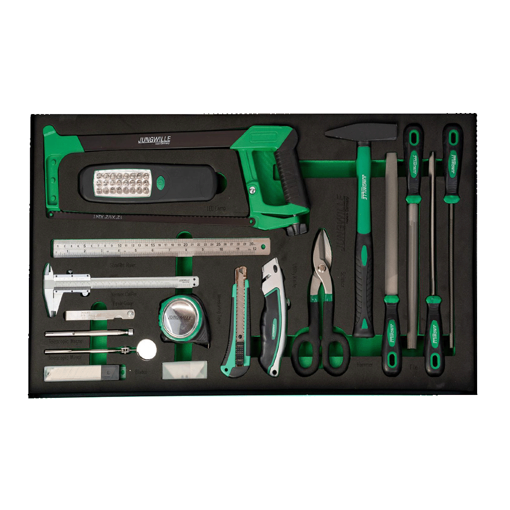 Jungwille Silverstone drawer with hacksaw, LED lamp, calipers, hammer, and files