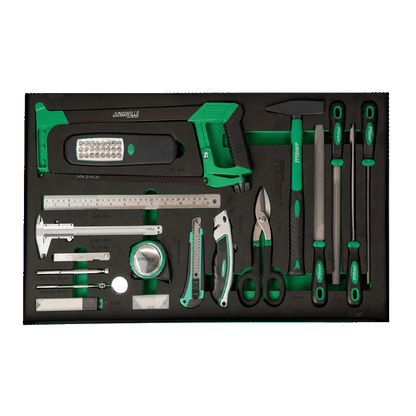Jungwille Silverstone drawer with hacksaw, LED lamp, calipers, hammer, and files