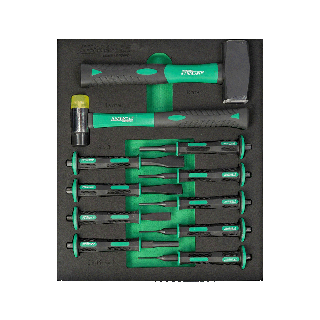 Jungwille Silverstone drawer with two hammers, chisels, and punches in foam