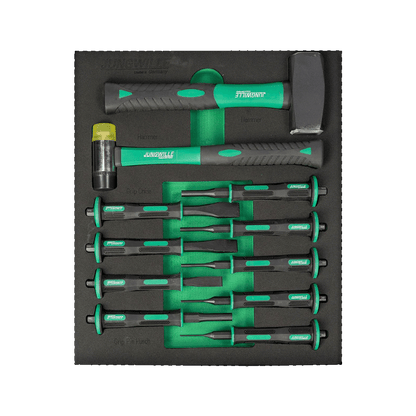 Jungwille Silverstone drawer with two hammers, chisels, and punches in foam