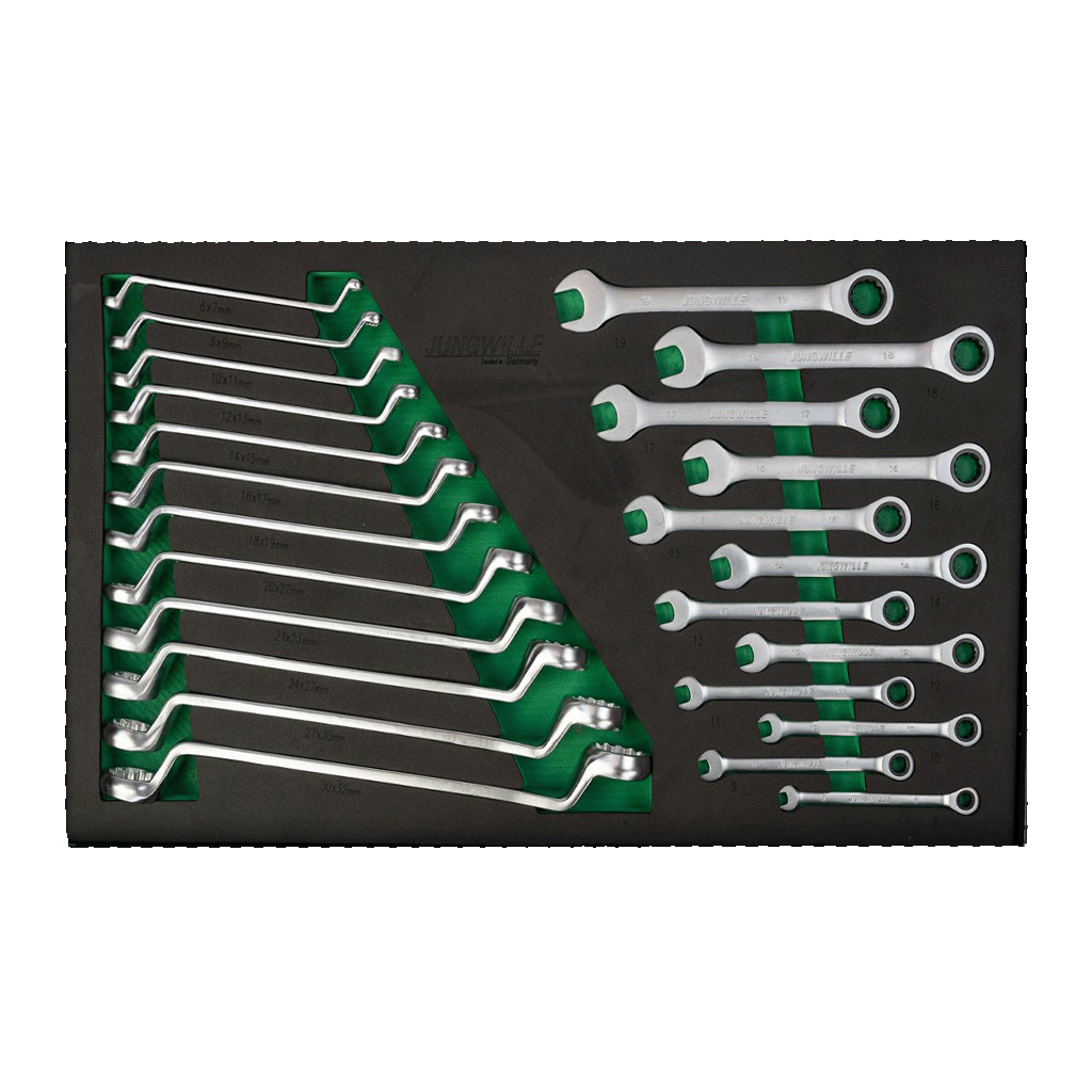 Jungwille Silverstone drawer with ratchet combination wrenches and offset ring wrenches