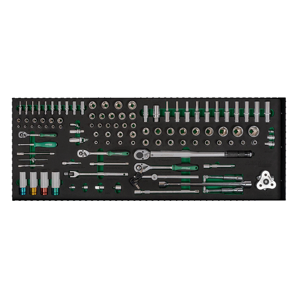 Jungwille Silverstone drawer with socket set, ratchets, and torque wrench in foam