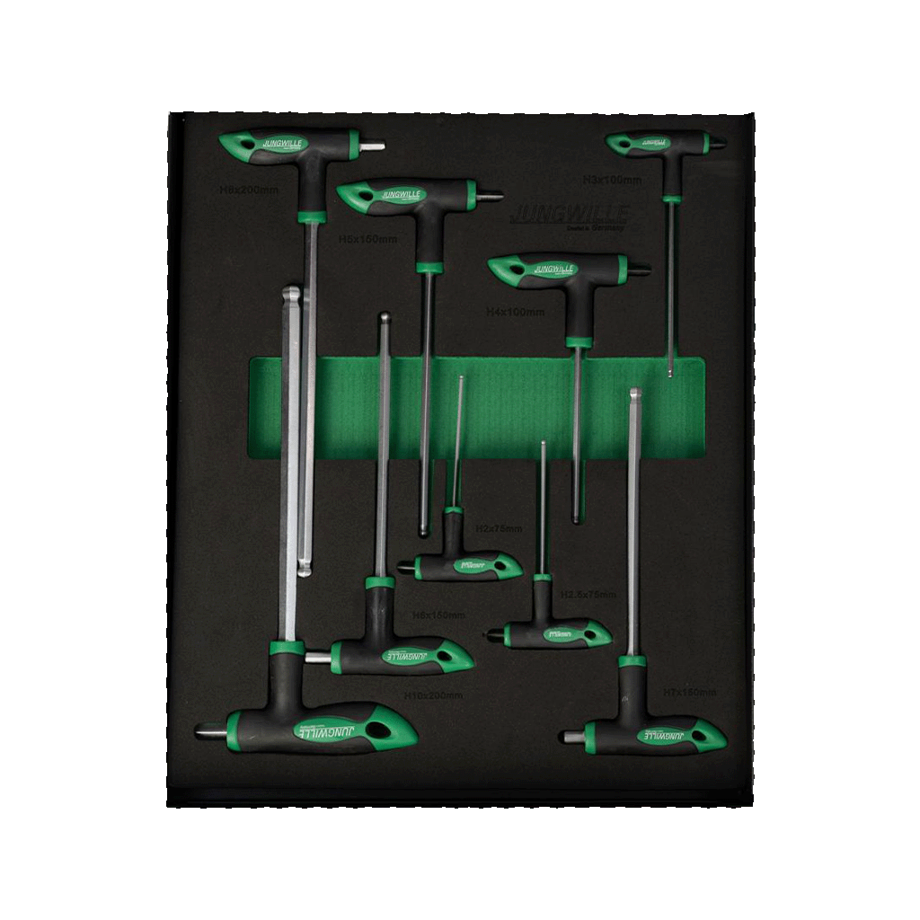 Jungwille Silverstone drawer with T-handle HEX keys with cross handles in foam