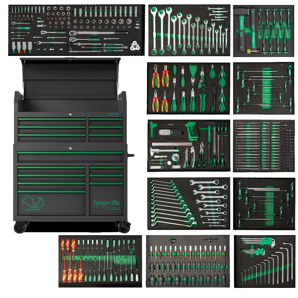 Jungwille Silverstone tool cabinet with 454-piece CR-V set in EVA foam inserts