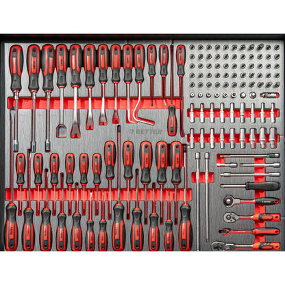 RETTER Werkzeugwagen R12 - 8 Schubladen bestückt 698-tlg. Premiumqualität Chrom-Vanadium-Werkzeugset