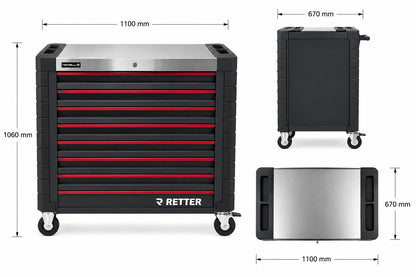 RETTER Werkzeugwagen R12 - 8 Schubladen bestückt 698-tlg. Premiumqualität Chrom-Vanadium-Werkzeugset