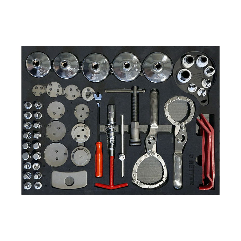 Retter R11 tool cabinet tray insert packed with brake caliper piston wind-back tools, oil filter cup sockets, and trim levers.