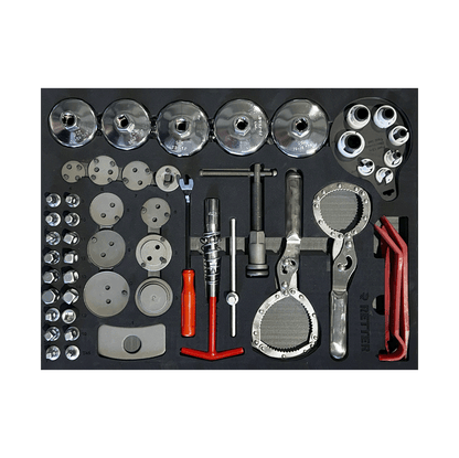 Retter R11 tool cabinet tray insert packed with brake caliper piston wind-back tools, oil filter cup sockets, and trim levers.