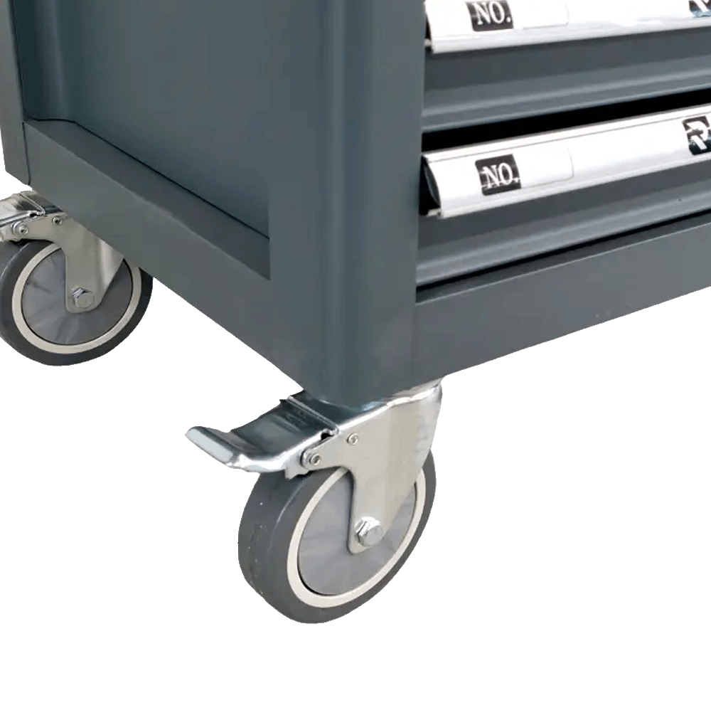 Retter R11 tool cabinet bottom view close-up on the heavy-duty caster wheels equipped with foot brake levers.