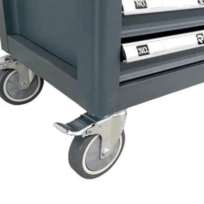 Retter R11 tool cabinet bottom view close-up on the heavy-duty caster wheels equipped with foot brake levers.