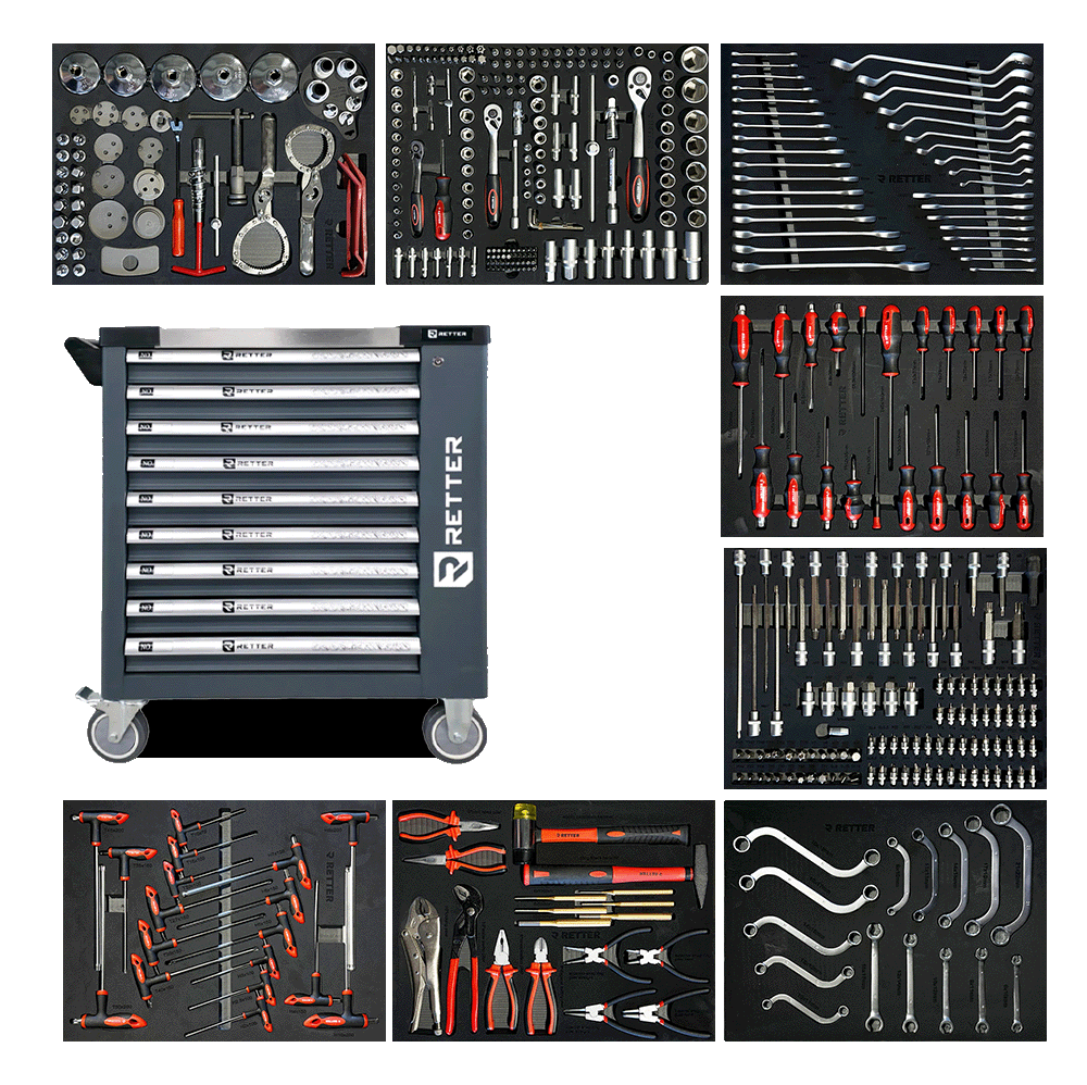 Retter R11 tool cabinet with chrome accent handles shown alongside eight tool-filled EVA foam trays.