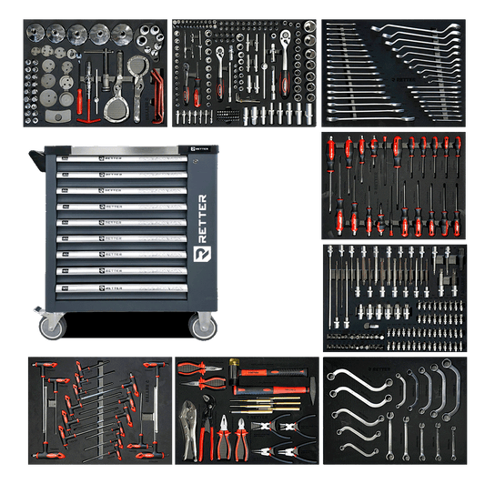 Retter R11 tool cabinet with chrome accent handles shown alongside eight tool-filled EVA foam trays.