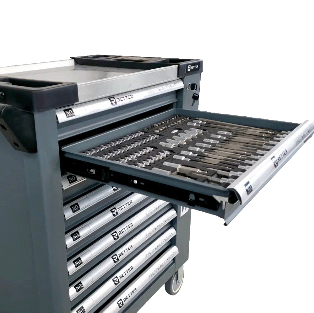 Retter R11 tool cabinet with an extended ball-bearing drawer showing neatly organized tools inside an EVA foam insert.