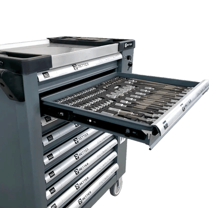 Retter R11 tool cabinet with an extended ball-bearing drawer showing neatly organized tools inside an EVA foam insert.