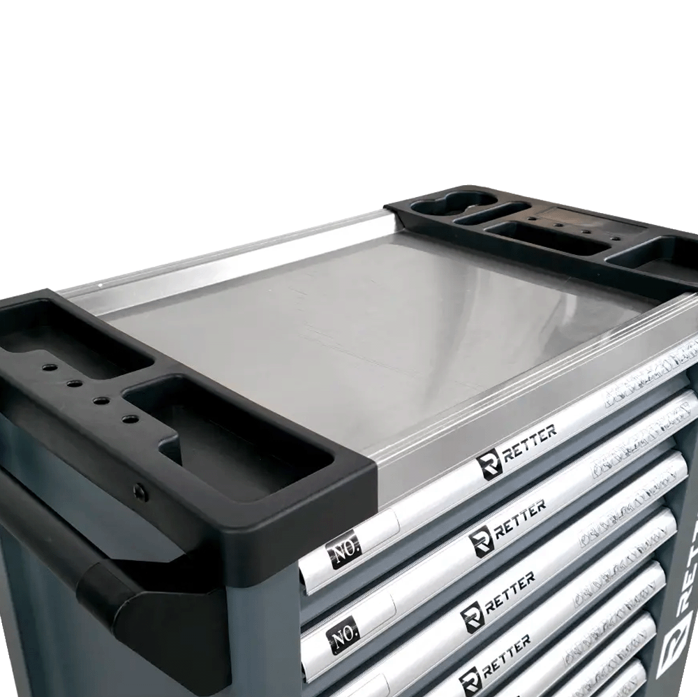 Retter R11 tool cabinet top view showing the smooth stainless steel INOX worktop surface with integrated plastic organizer compartments.