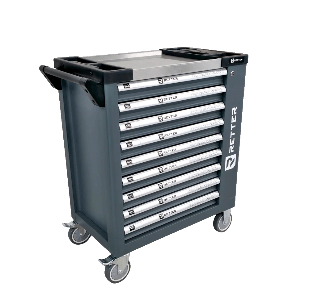 Retter R11 tool cabinet workstation featuring a stainless steel INOX worktop and nine storage drawers.