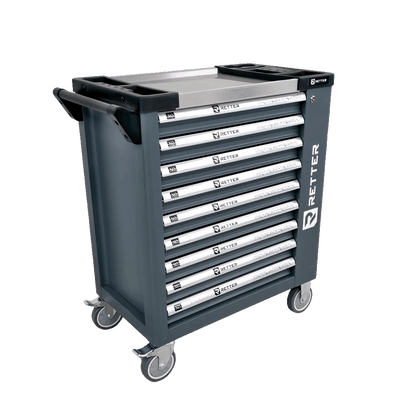 Retter R11 tool cabinet workstation featuring a stainless steel INOX worktop and nine storage drawers.