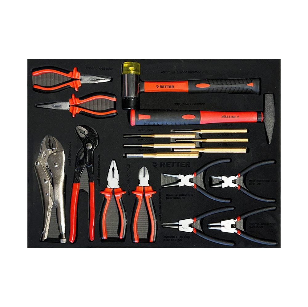 Retter R11 tool cabinet tray insert holding circlip pliers, wire cutters, an adjustable wrench, punches, and hammers.