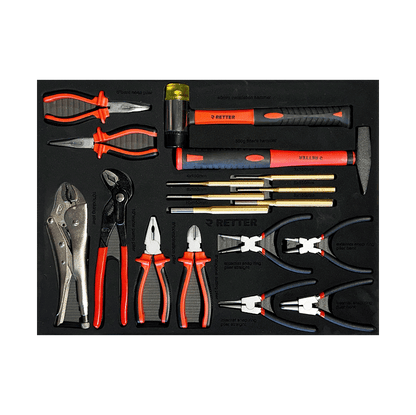 Retter R11 tool cabinet tray insert holding circlip pliers, wire cutters, an adjustable wrench, punches, and hammers.