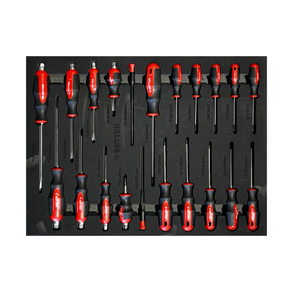 Retter R11 tool cabinet tray insert fully stocked with a variety of flat, Phillips, Pozidriv, and star Torx screwdrivers.