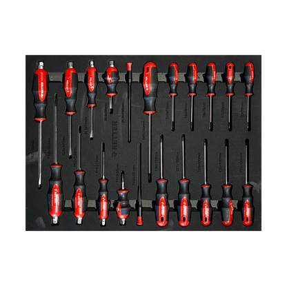 Retter R11 tool cabinet tray insert fully stocked with a variety of flat, Phillips, Pozidriv, and star Torx screwdrivers.