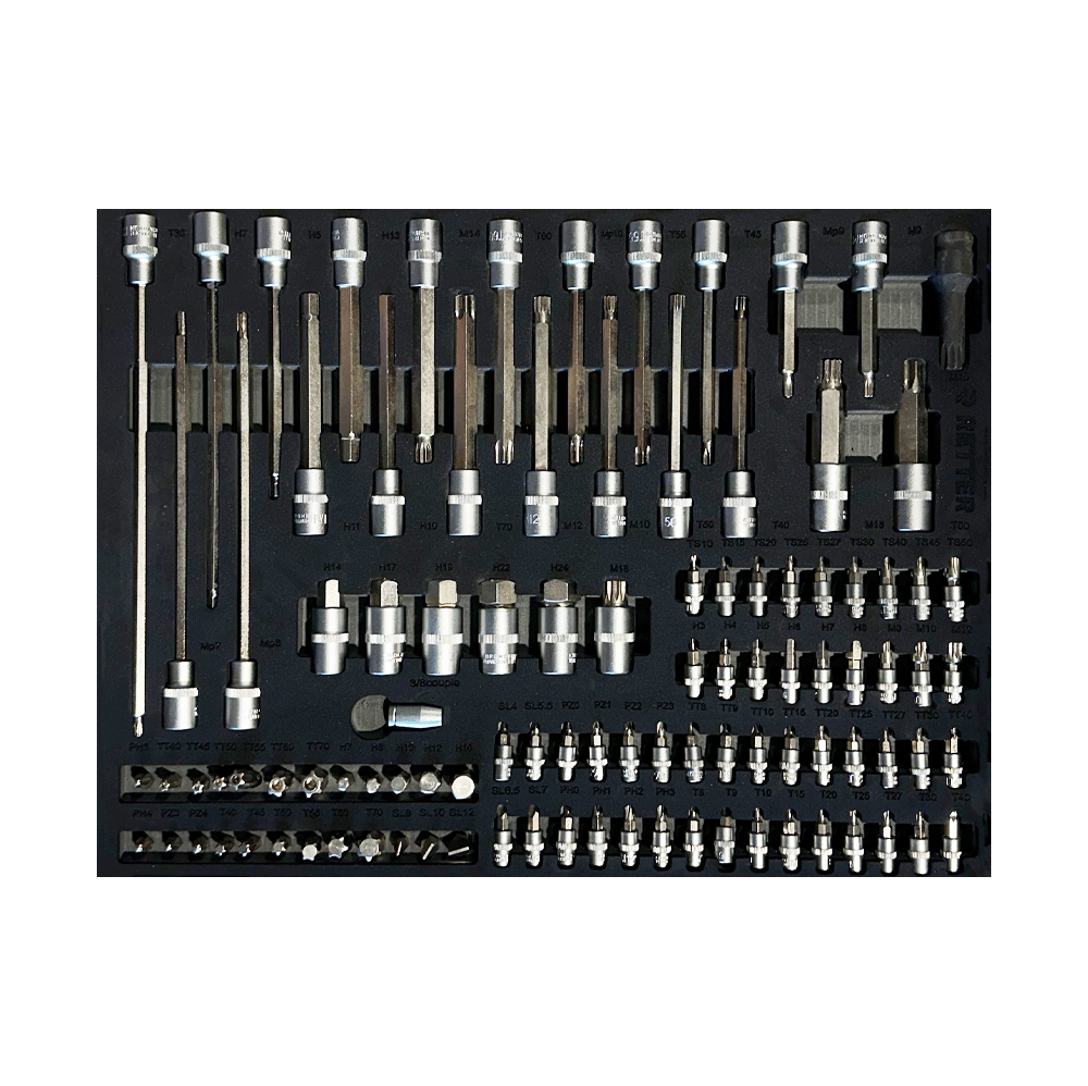 Retter R11 tool cabinet tray insert containing long and short XZN spline, Ribe, Torx, and hex profile service bits.