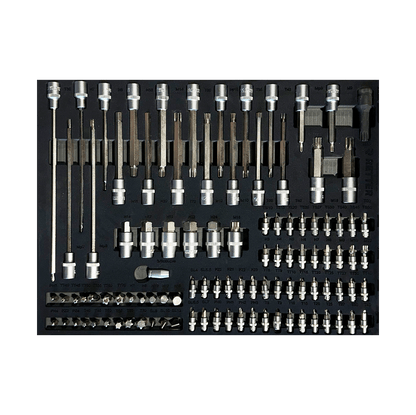 Retter R11 tool cabinet tray insert containing long and short XZN spline, Ribe, Torx, and hex profile service bits.