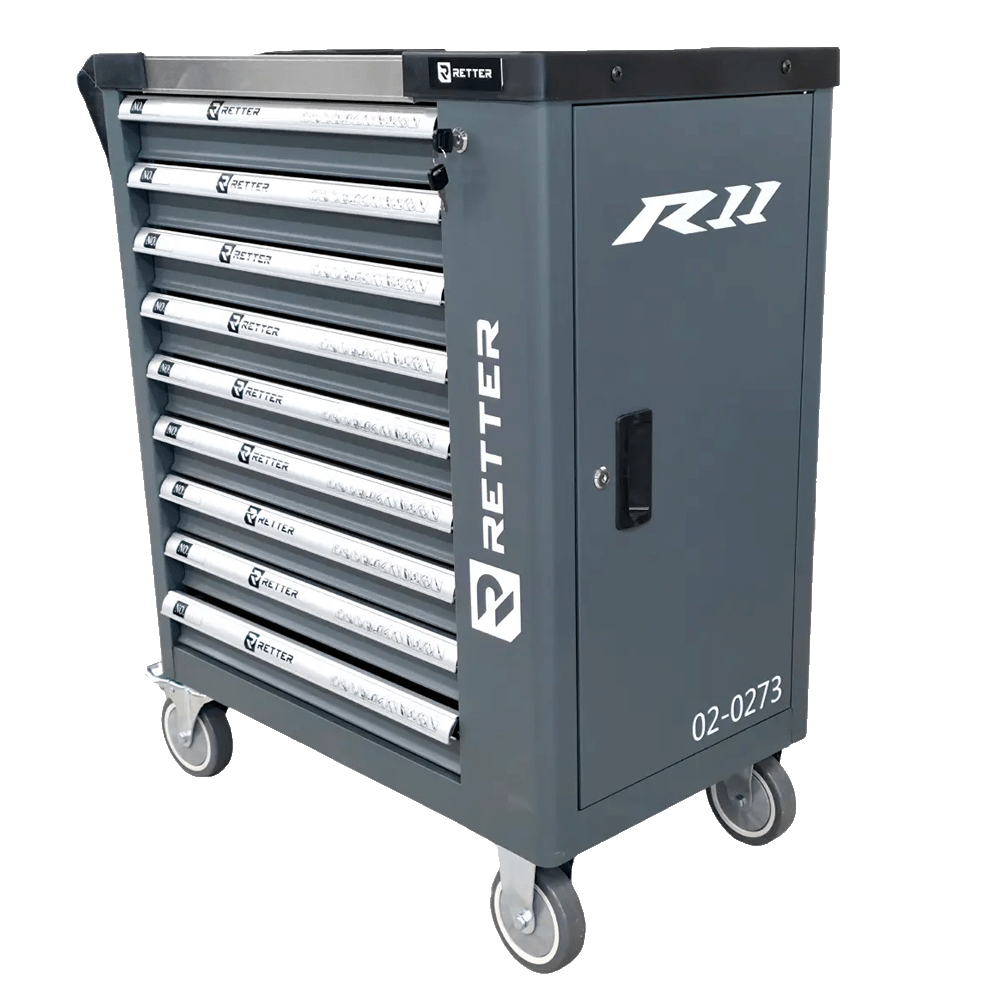 Retter R11 tool cabinet angled view highlighting the integrated lockable side storage compartment door.