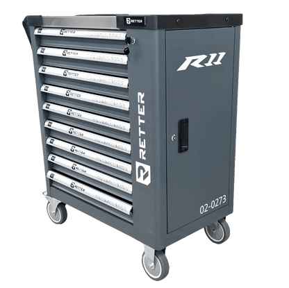 Retter R11 tool cabinet angled view highlighting the integrated lockable side storage compartment door.