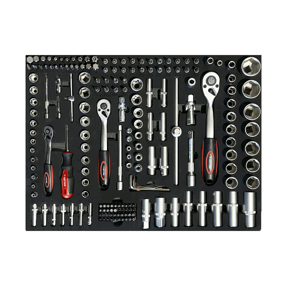 Retter R11 tool cabinet tray insert loaded with drive ratchets, deep hex sockets, extension bars, and universal joints.