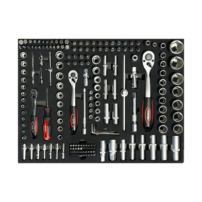 Retter R11 tool cabinet tray insert loaded with drive ratchets, deep hex sockets, extension bars, and universal joints.