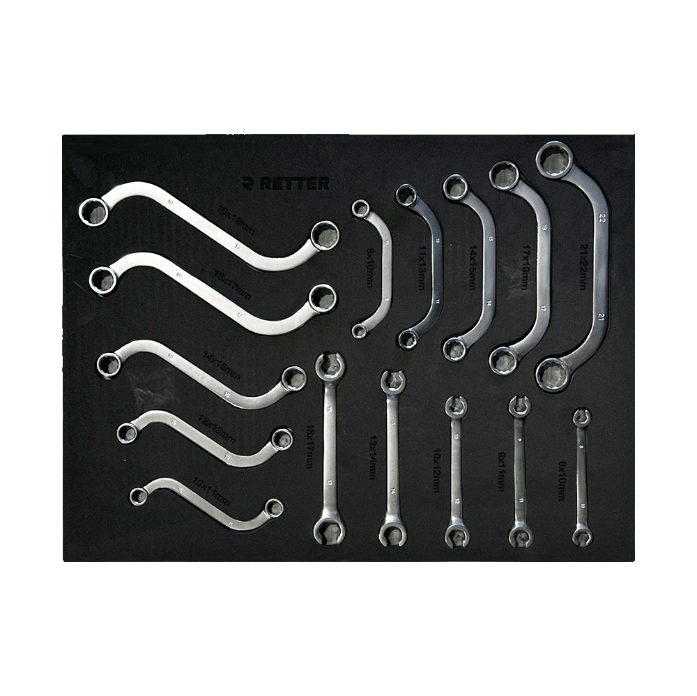 Retter R11 tool cabinet tray insert showing a comprehensive collection of half-moon and S-shape obstruction ring wrenches.
