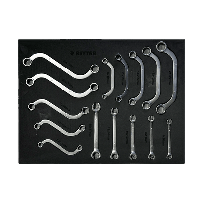 Retter R11 tool cabinet tray insert showing a comprehensive collection of half-moon and S-shape obstruction ring wrenches.