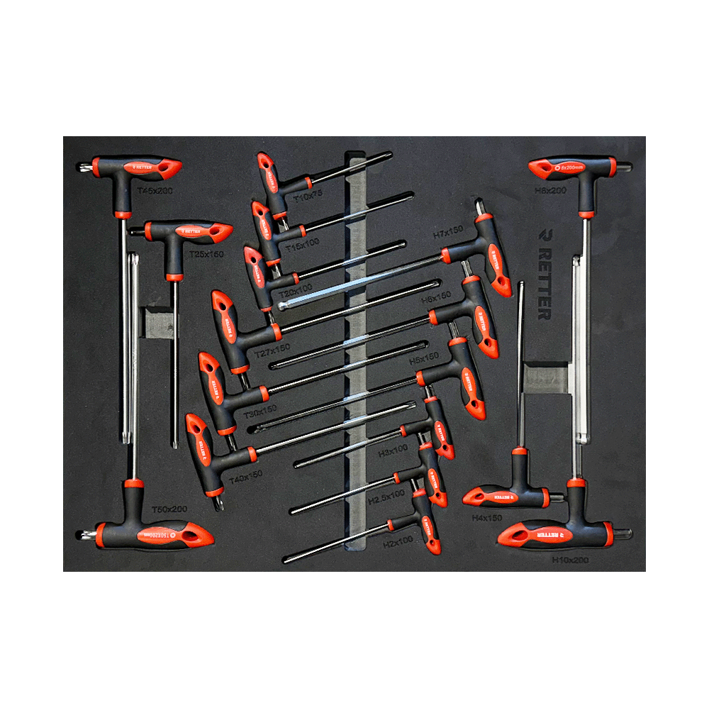 Retter R11 tool cabinet tray insert packed with a full metric range of ergonomic T-handle HEX and Torx keys.