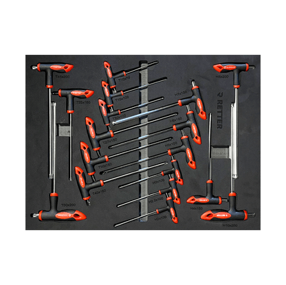 Retter R11 tool cabinet tray insert packed with a full metric range of ergonomic T-handle HEX and Torx keys.