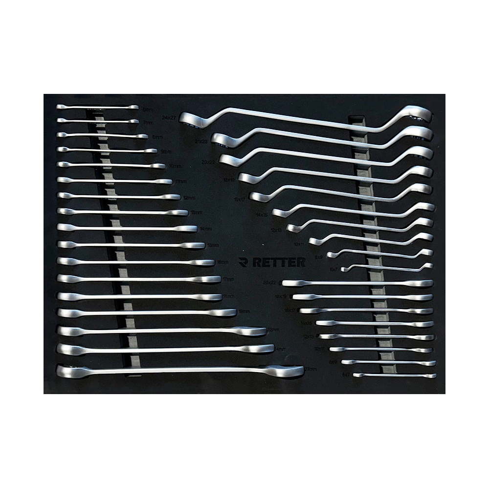 Retter R11 tool cabinet tray insert displaying rows of metric combination wrenches and offset ring wrenches.
